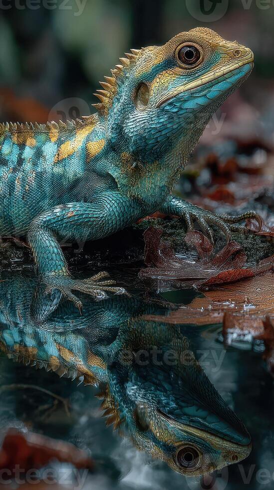 Colorful lizard resting near water's edge reflecting its vibrant colors during a peaceful moment in the jungle photo