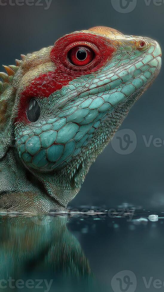 Vibrant close-up of a lizard emerging from the water, showcasing its striking colors and intricate textures along the shoreline at dawn photo