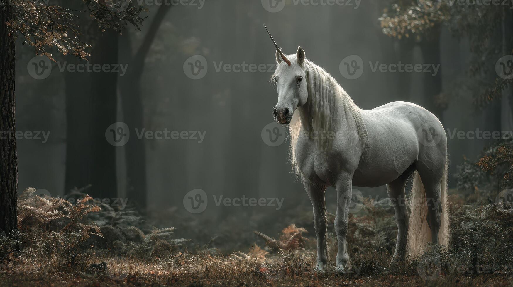 White unicorn standing majestically in a misty enchanted forest during early morning light photo
