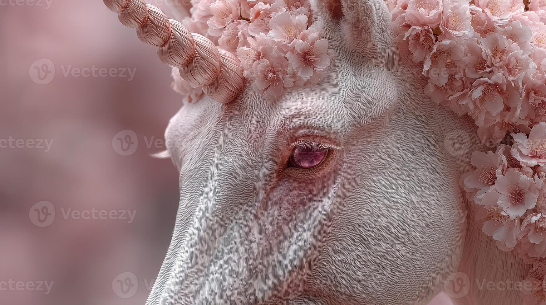Magical unicorn adorned with blossoms in a serene pink landscape during springtime photo