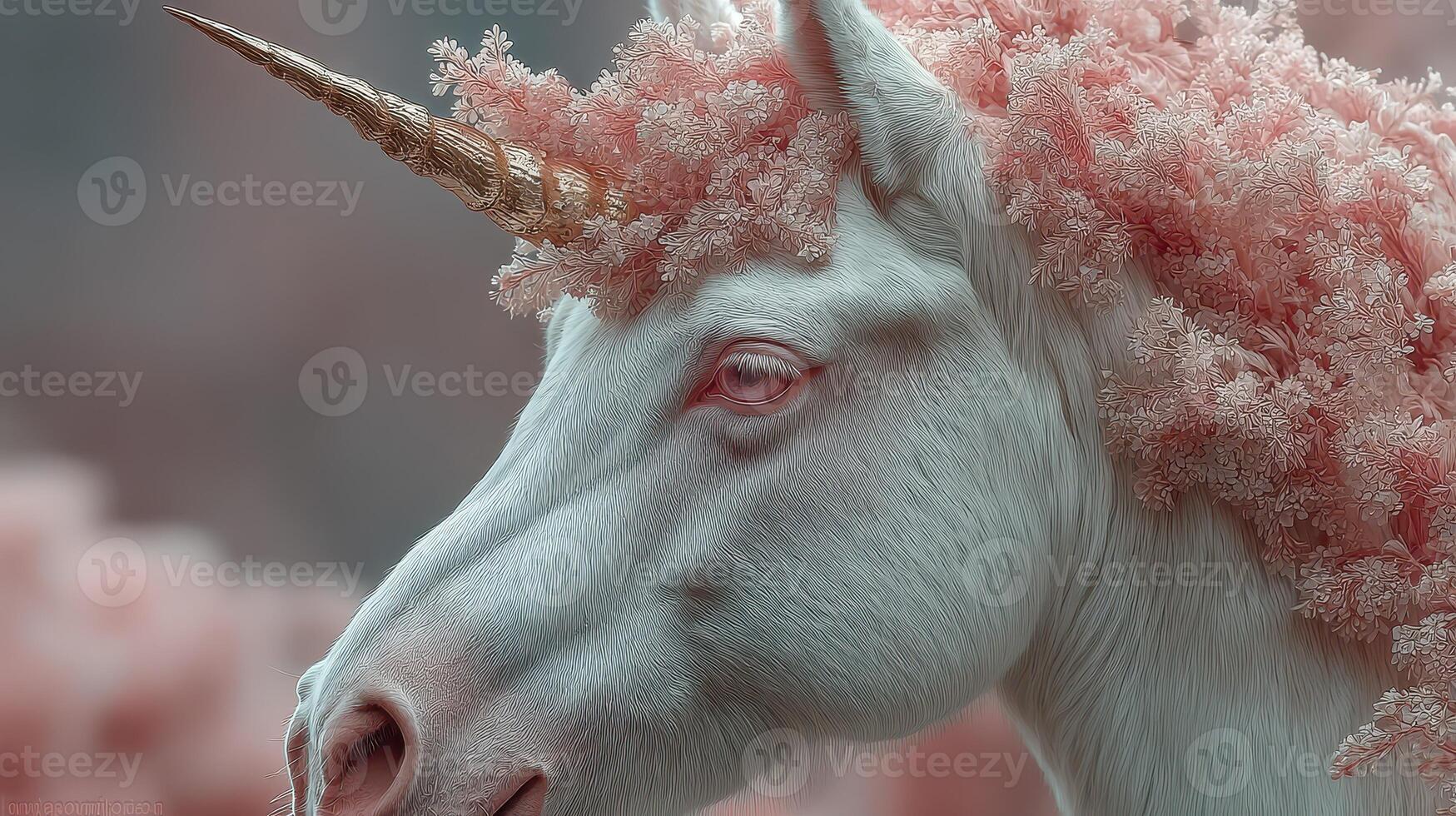 Whimsical unicorn with floral mane in a serene enchanted forest during twilight hours photo