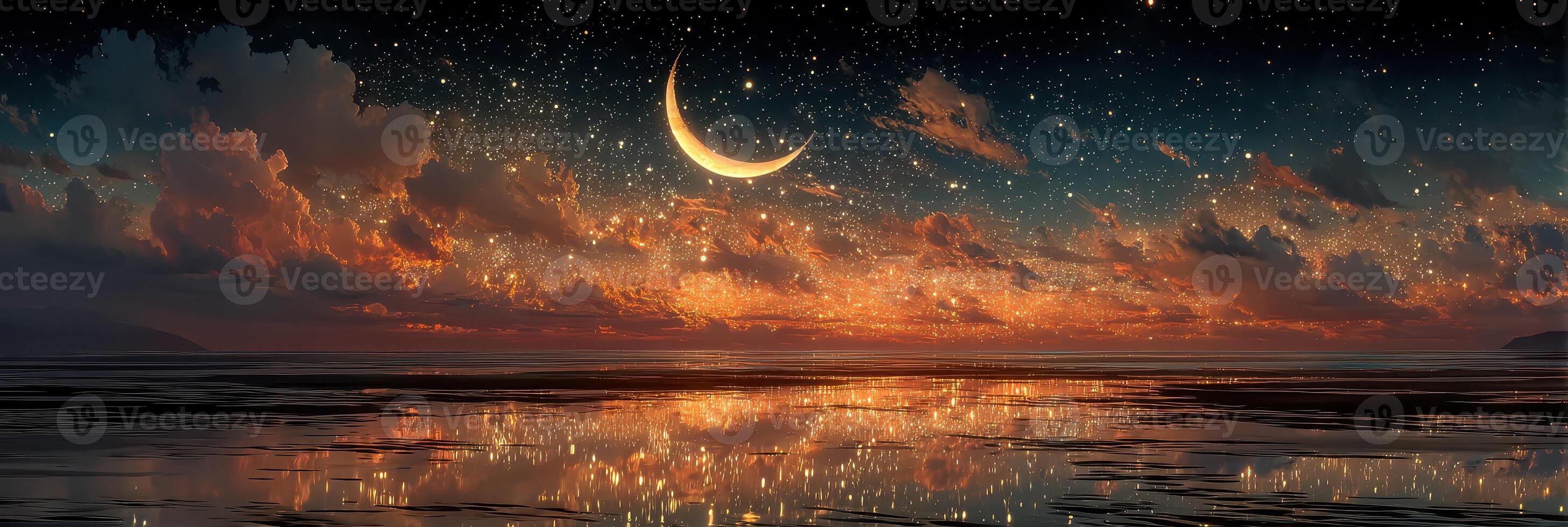 Serene twilight over water with crescent moon and starry sky reflecting on calm surface photo