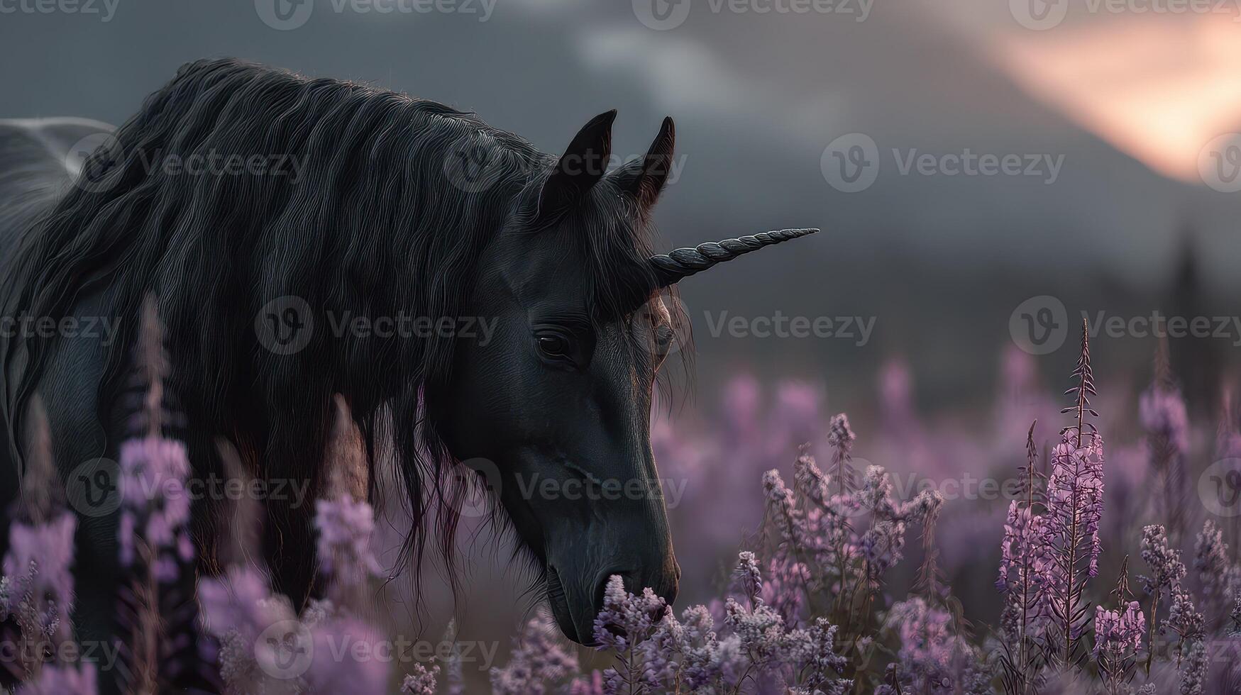 Majestic black unicorn grazing in a field of purple flowers during twilight in a serene mountain landscape photo