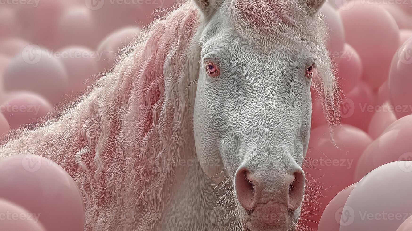 Majestic white horse with pink mane surrounded by soft pink balloons in whimsical setting photo
