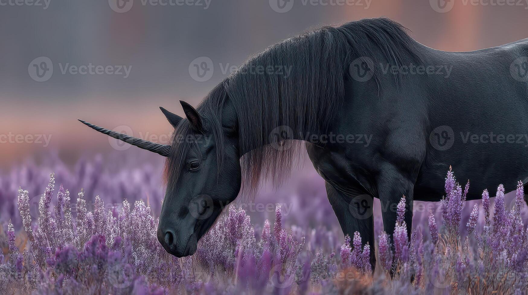 Black unicorn grazing in a field of lavender during twilight hours photo
