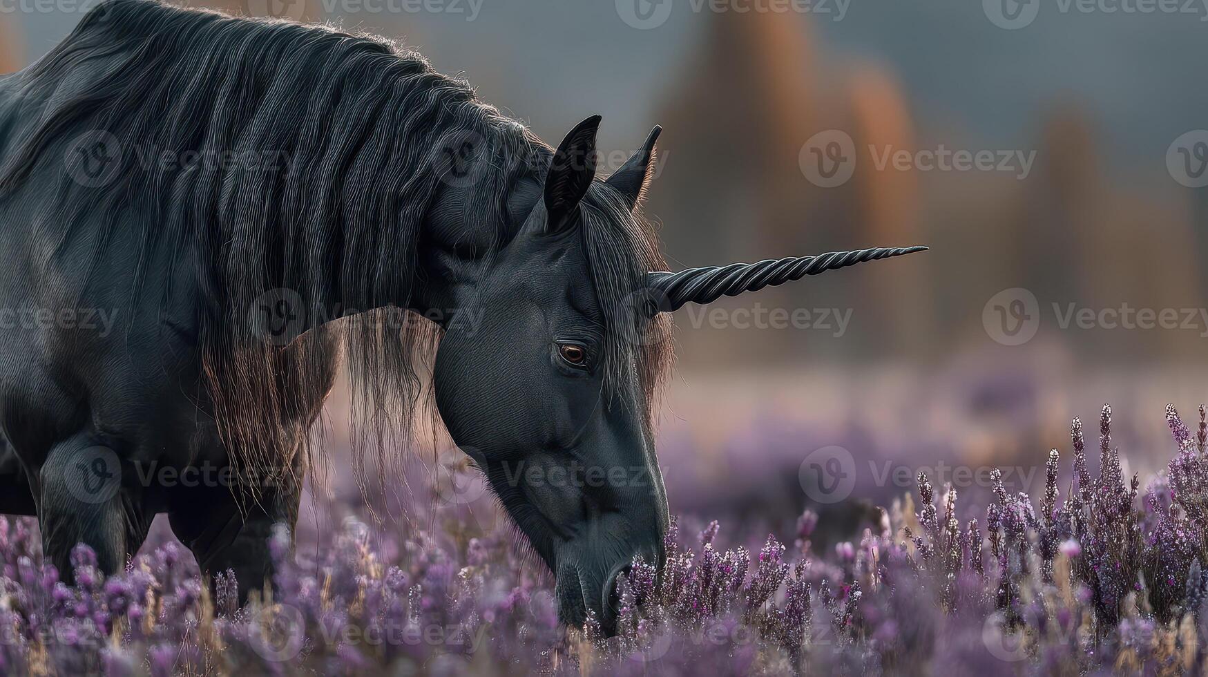 Majestic black unicorn grazing in a lavender field during golden hour light photo