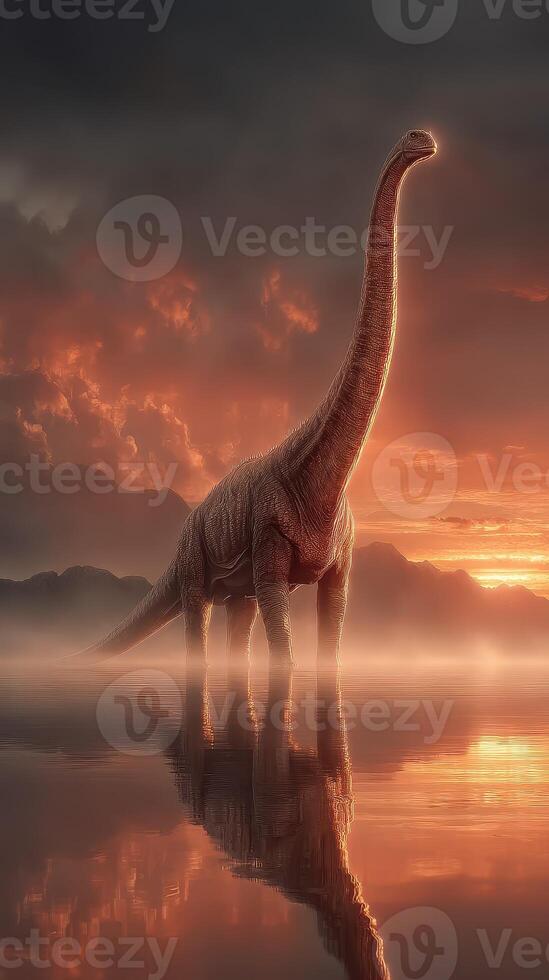 Majestic dinosaur stands tall in tranquil waters during a vibrant sunset in a prehistoric landscape photo