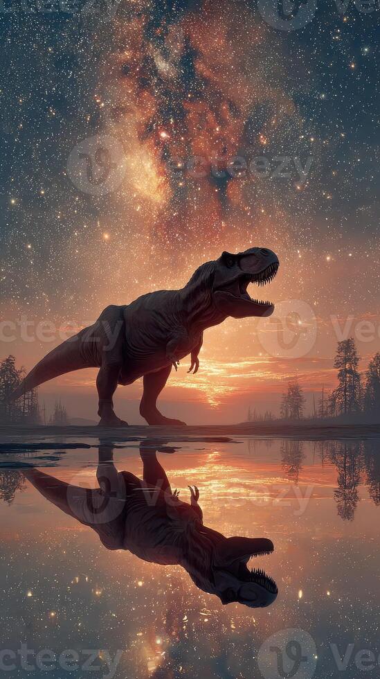 Dinosaur silhouette against a starlit sky with reflections on water at sunset photo