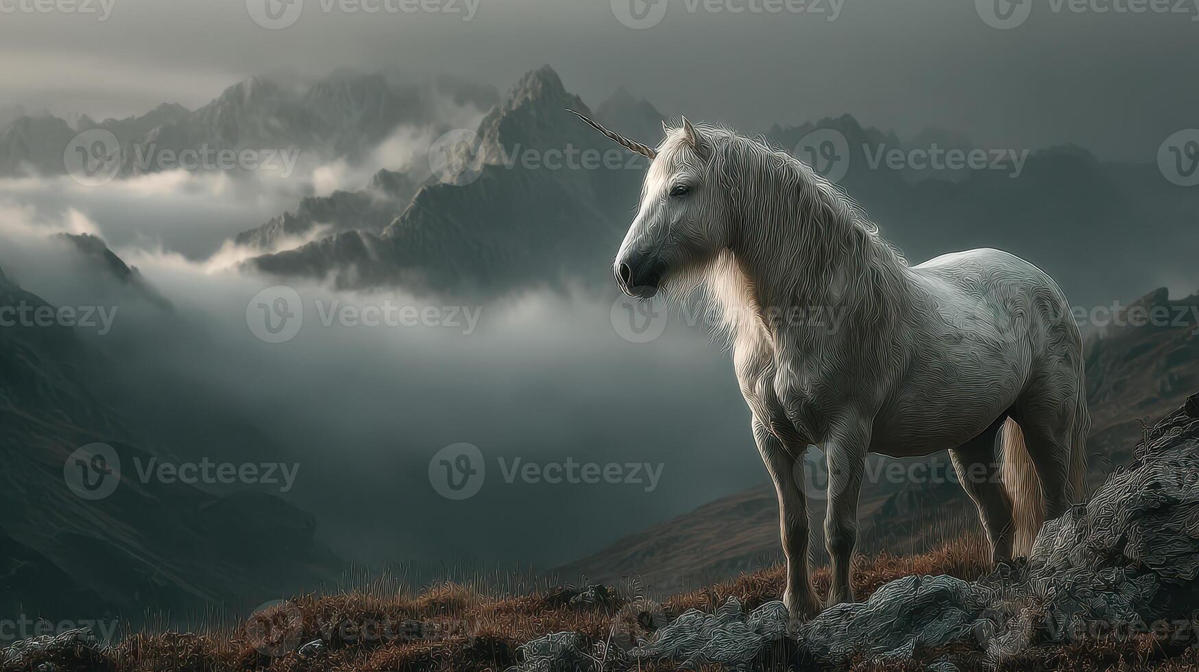 Majestic white unicorn standing on rocky terrain with misty mountains in the background during twilight hours photo