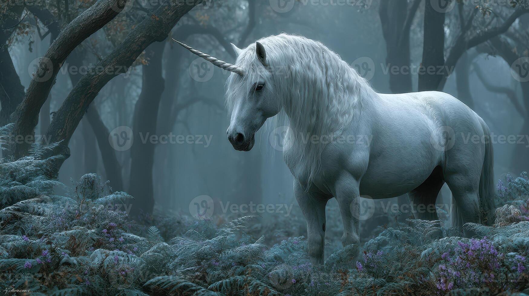 Magical unicorn stands in a misty forest surrounded by ferns and trees at dawn photo
