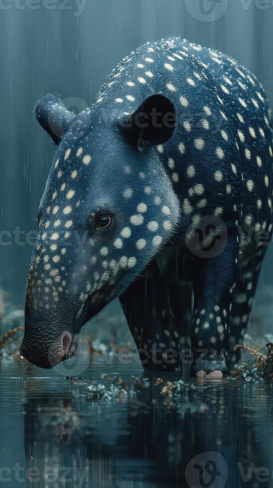 Striking spotted tapir wades through a tranquil forest pool during a rain shower in the early morning light photo