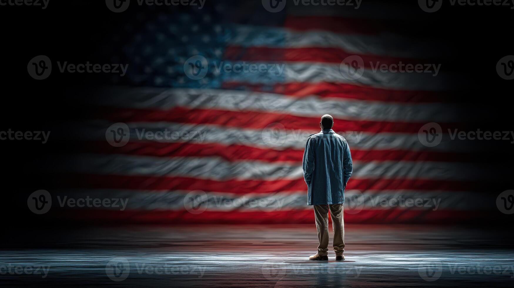 Person standing in front of a large American flag during a solemn moment of reflection in a dimly lit space photo
