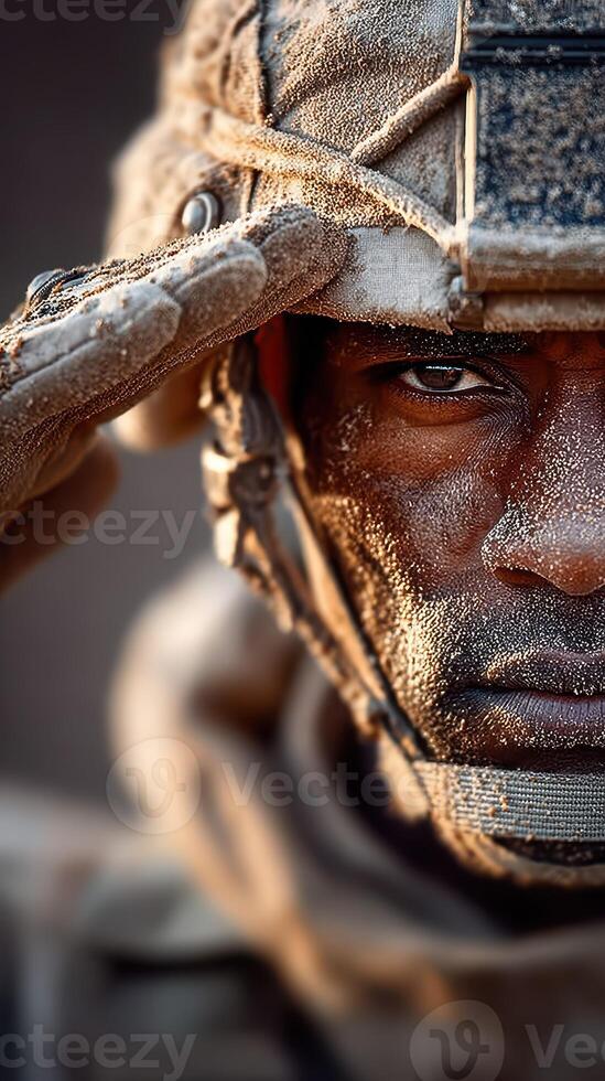 Soldier salutes with determination and resilience amidst sandy terrain at dusk, showcasing strength and commitment in challenging conditions photo