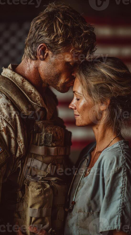 Emotional reunion of a soldier and nurse in front of an American flag during a warm afternoon photo