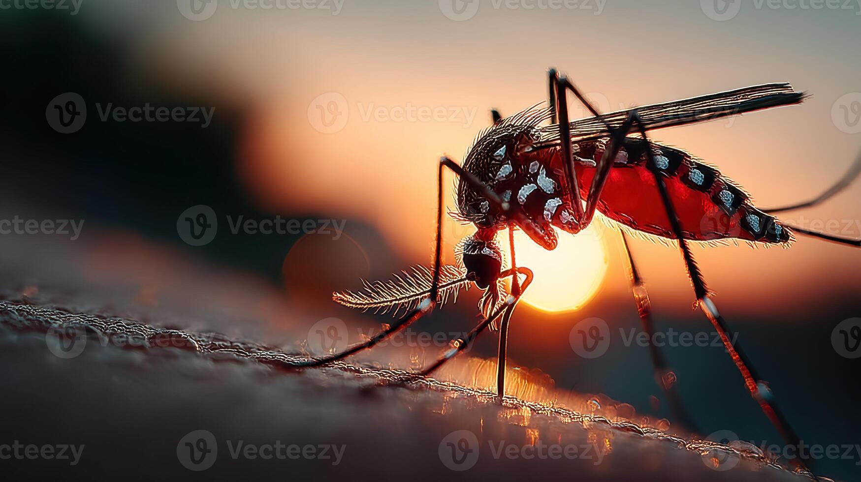 Close-up view of a mosquito feeding at sunset in a natural environment photo