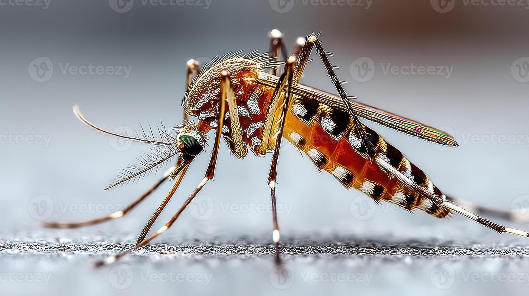 Close-up view of a mosquito showcasing its intricate details and patterns on a soft background photo