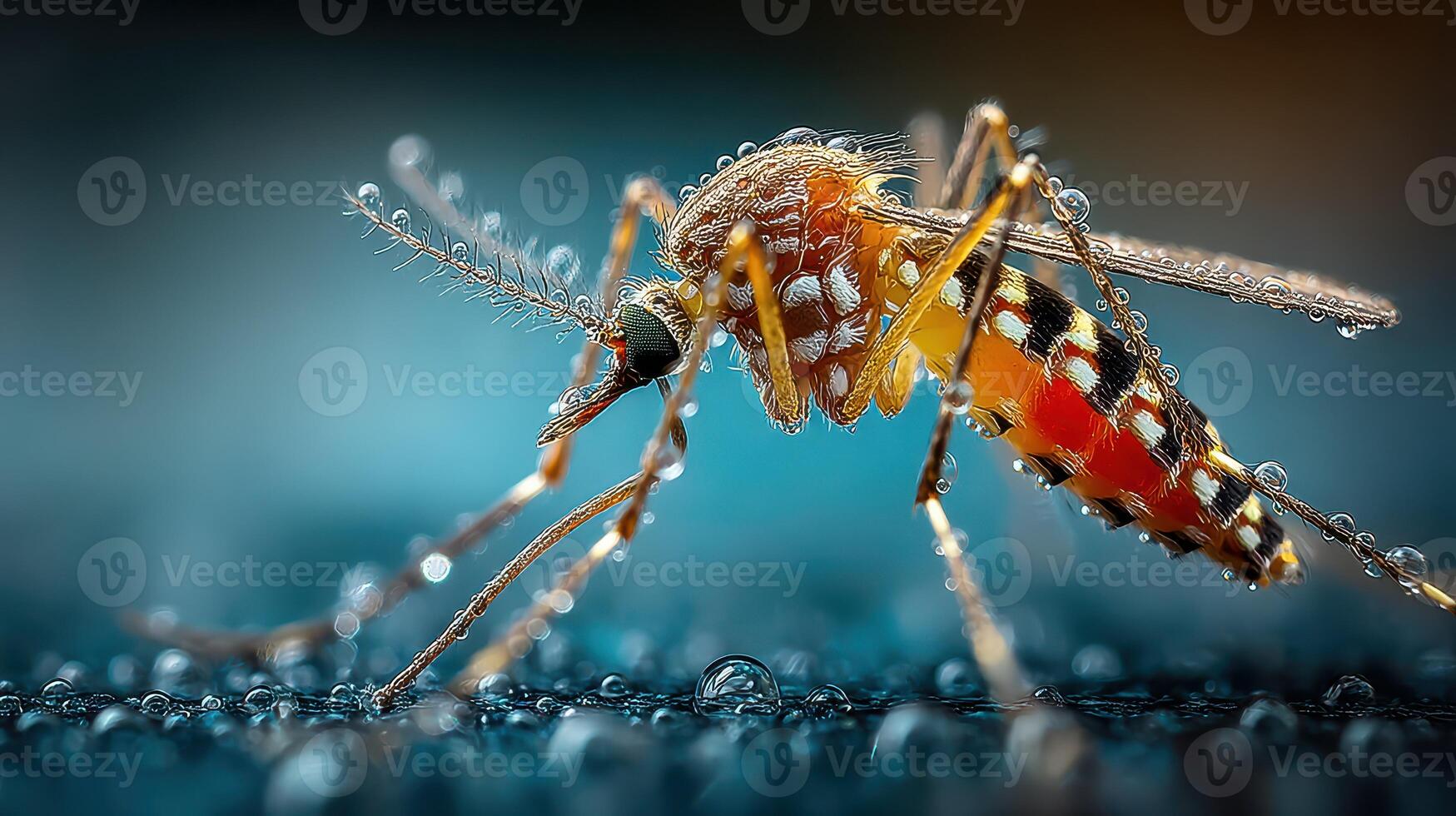 Close-up view of a mosquito covered in water droplets on a blurred background in a natural setting during the early morning photo