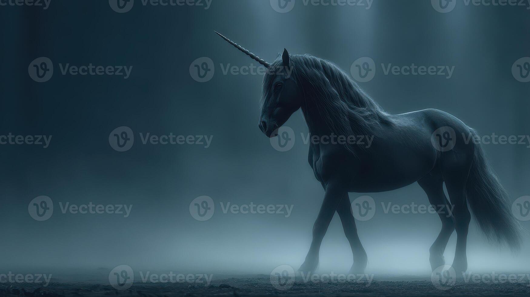 Mysterious unicorn walking through fog in a dimly lit forest at twilight photo