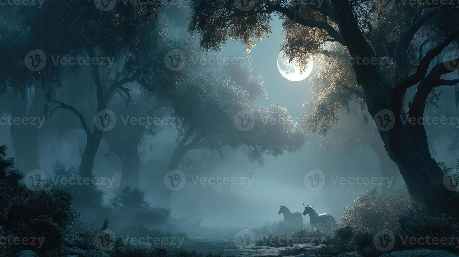 Mysterious forest at night with unicorns grazing under a full moon photo