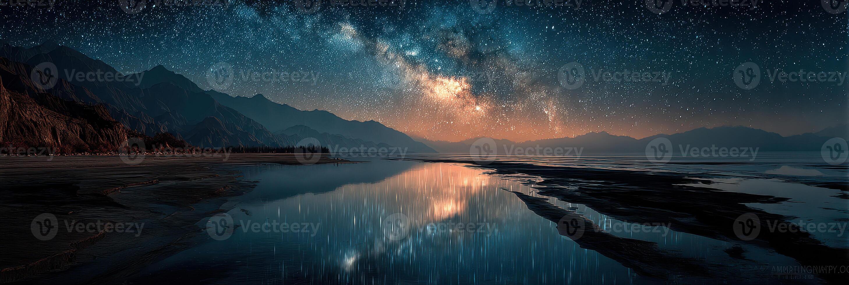 Stunning night sky over tranquil lake reflecting the Milky Way with surrounding mountains at dusk photo