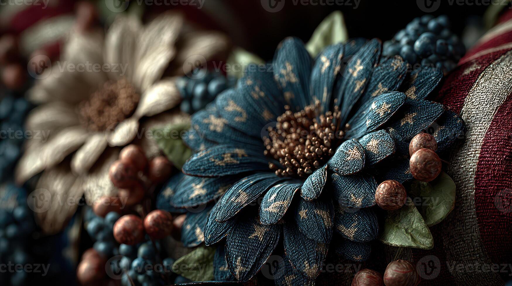 Decorative fabric flowers with intricate designs in blue and beige on a textured background photo