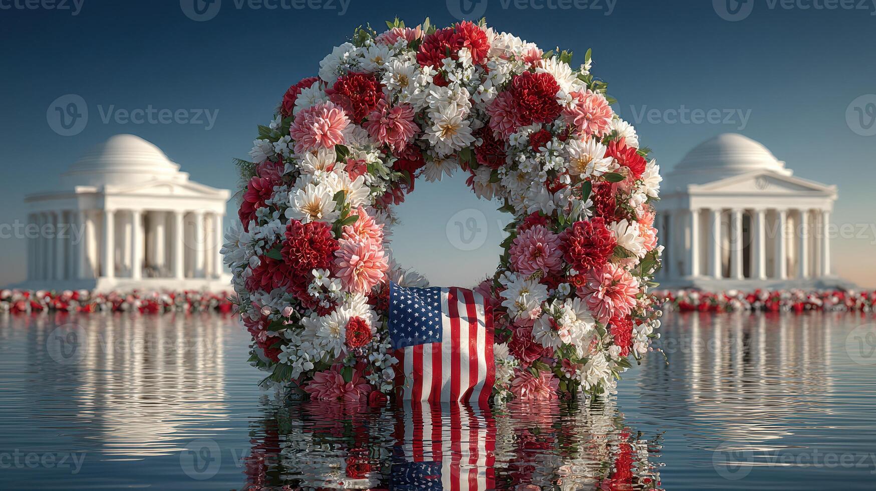 Colorful floral wreath with American flag reflected in water near monuments at sunset photo