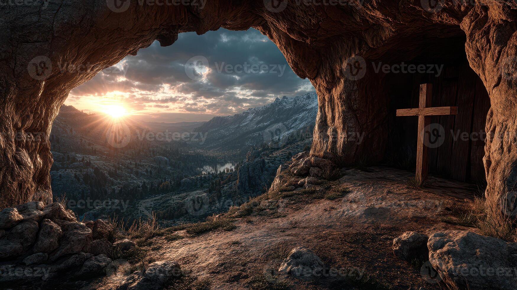 Stunning sunrise over a mountain valley from a cave with a wooden cross in the foreground photo