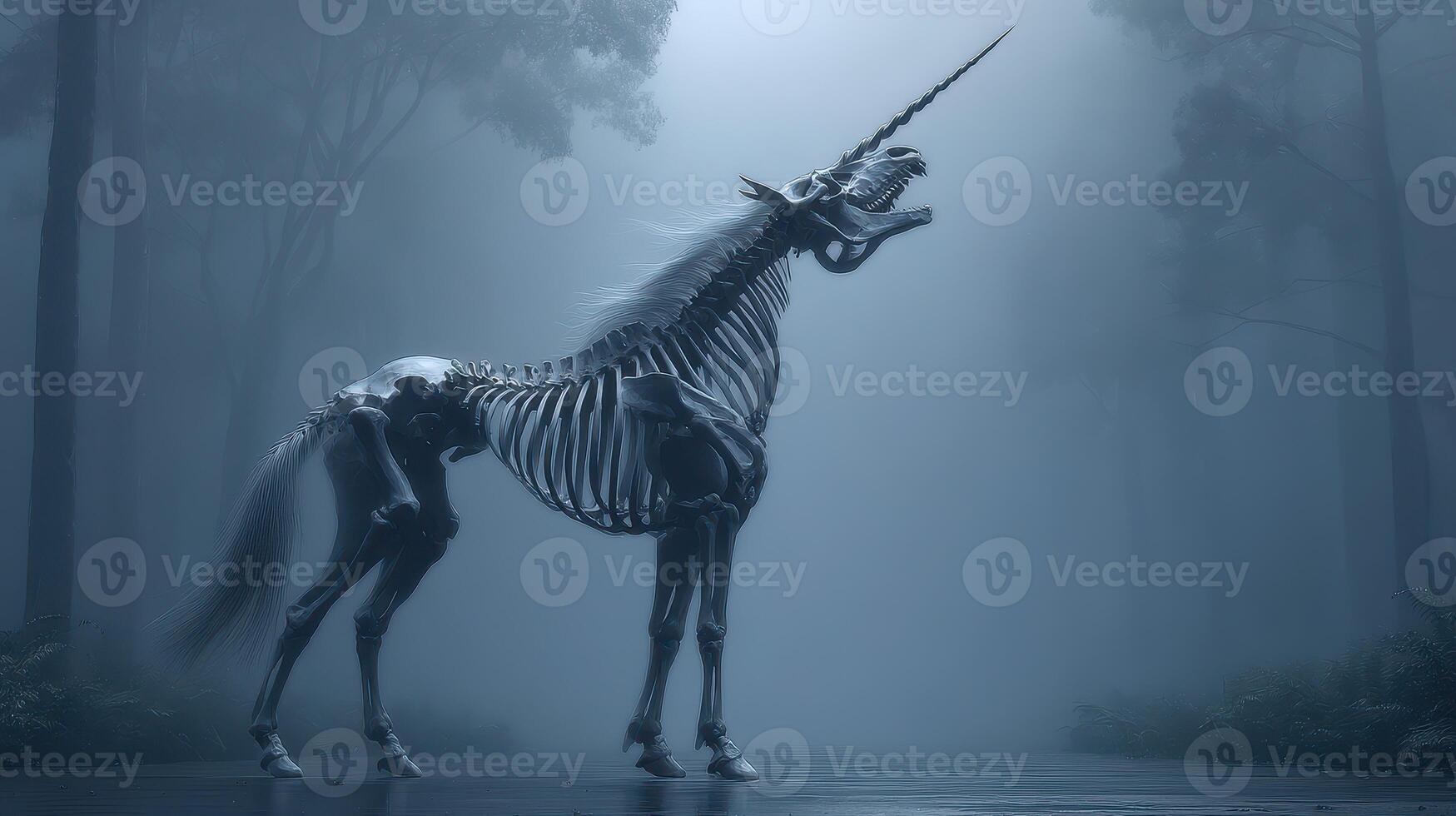 Elegant skeletal unicorn standing proudly in a misty forest at twilight, embodying a blend of fantasy and artistry photo