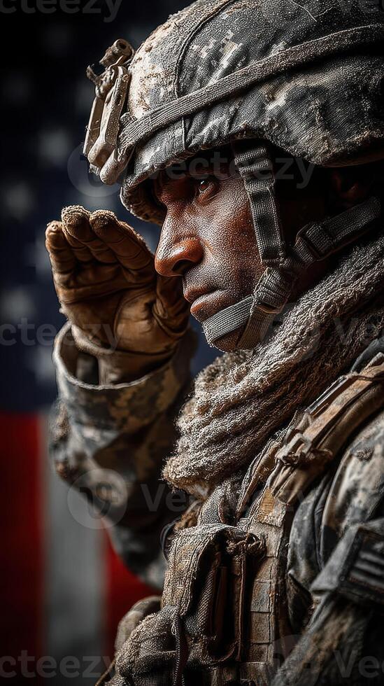 Soldier saluting proudly in front of a tattered flag during a solemn military ceremony in a midday setting photo