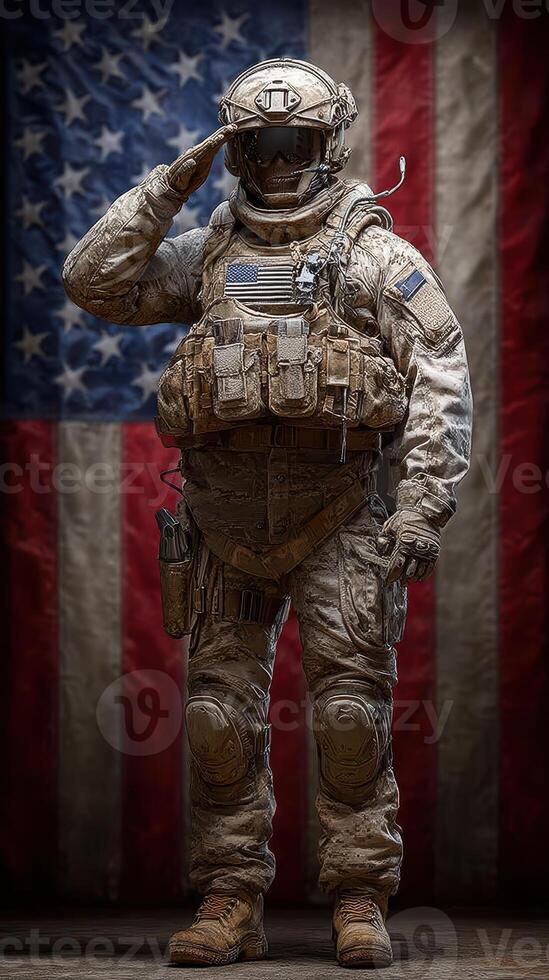 Soldier saluting in combat gear against a backdrop of the American flag during a somber moment of respect photo