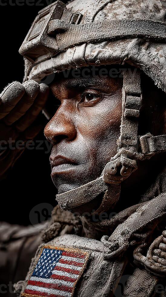 Soldier saluting with determination in a dusty environment, showcasing resilience and honor during deployment photo