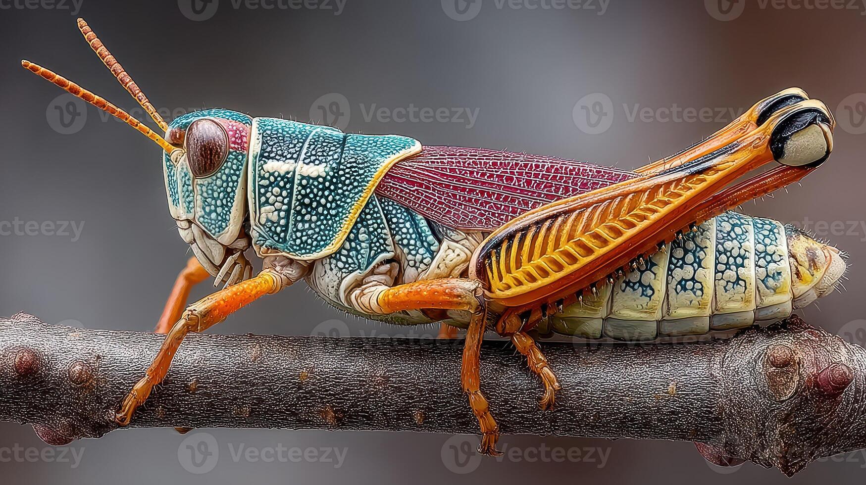 Colorful grasshopper perched on a branch showcasing intricate patterns and vivid hues in natural habitat photo