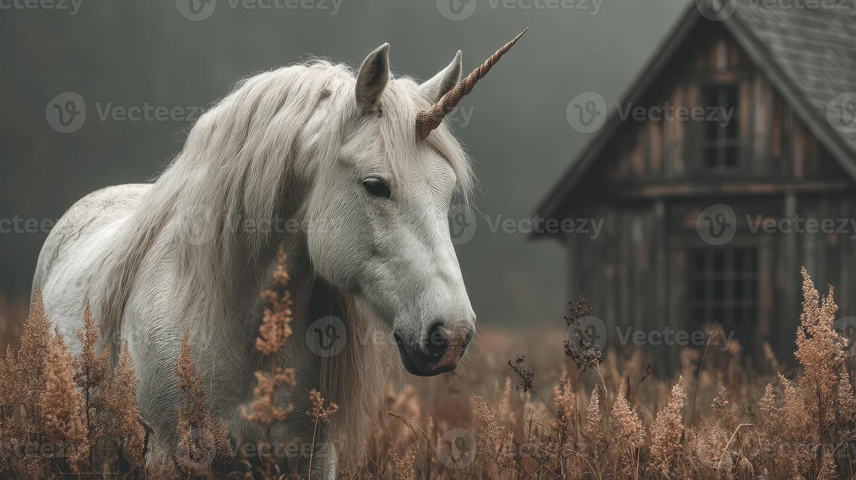 Enchanted unicorn stands in meadow near rustic cabin on misty morning in a fantasy landscape photo