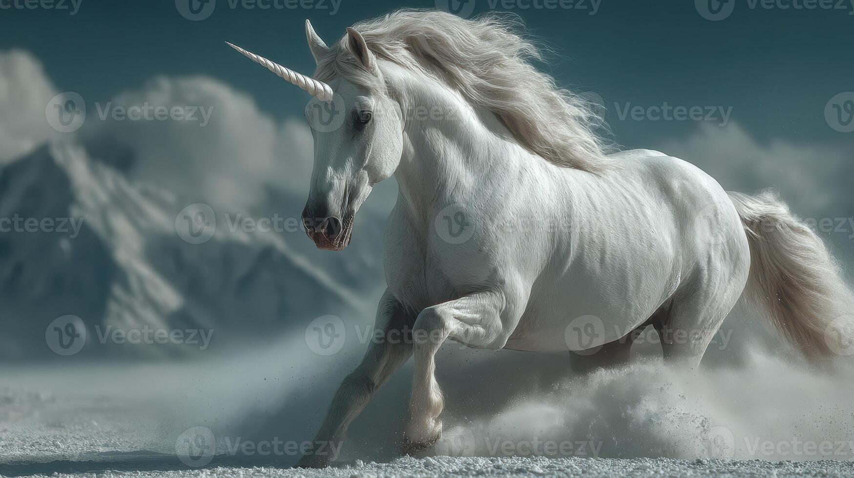 Majestic white unicorn galloping through a snowy landscape with mountains in the distance during daylight hours photo