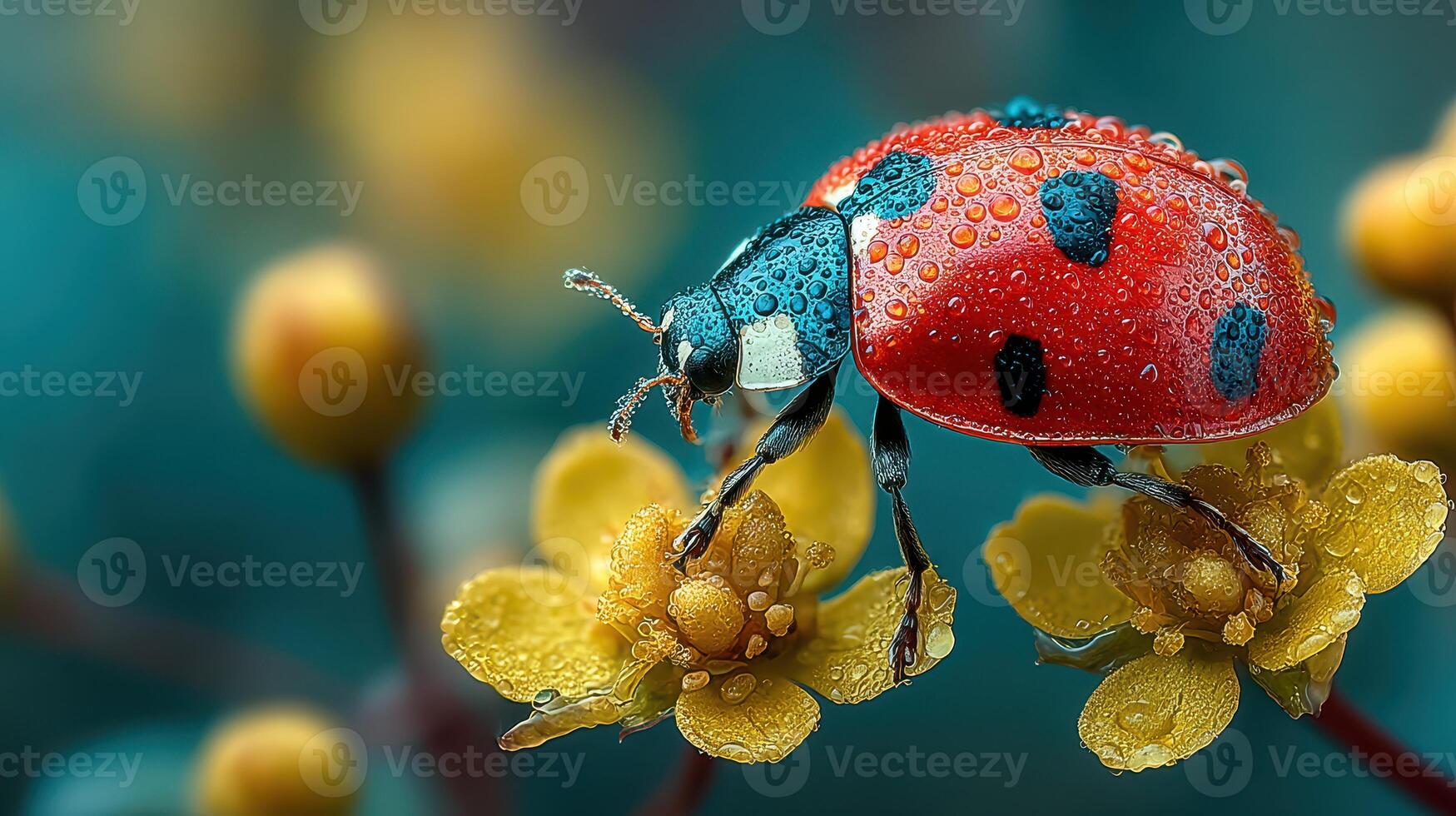 Bright red ladybug perched on yellow flowers with droplets of water on a fresh morning photo