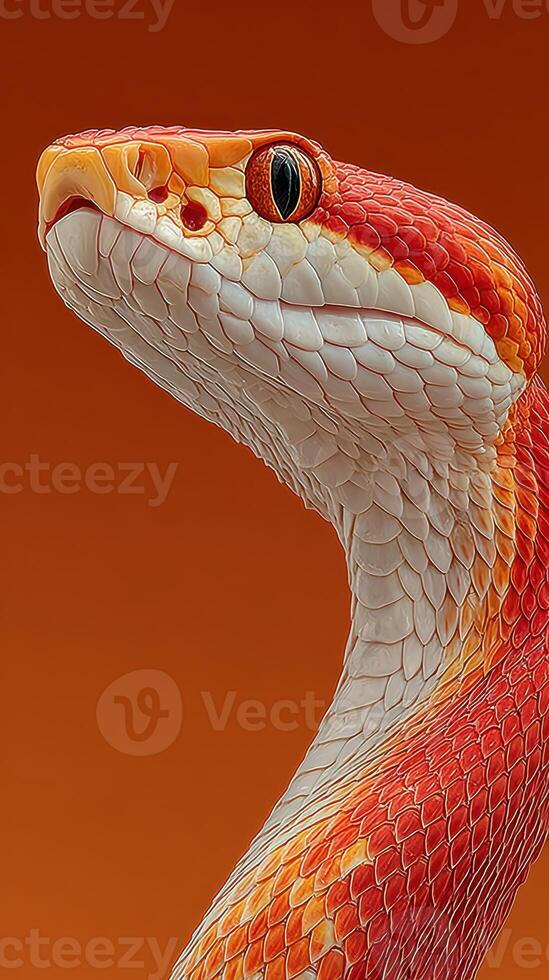 Colorful snake displays striking patterns against an orange background in a close-up view photo