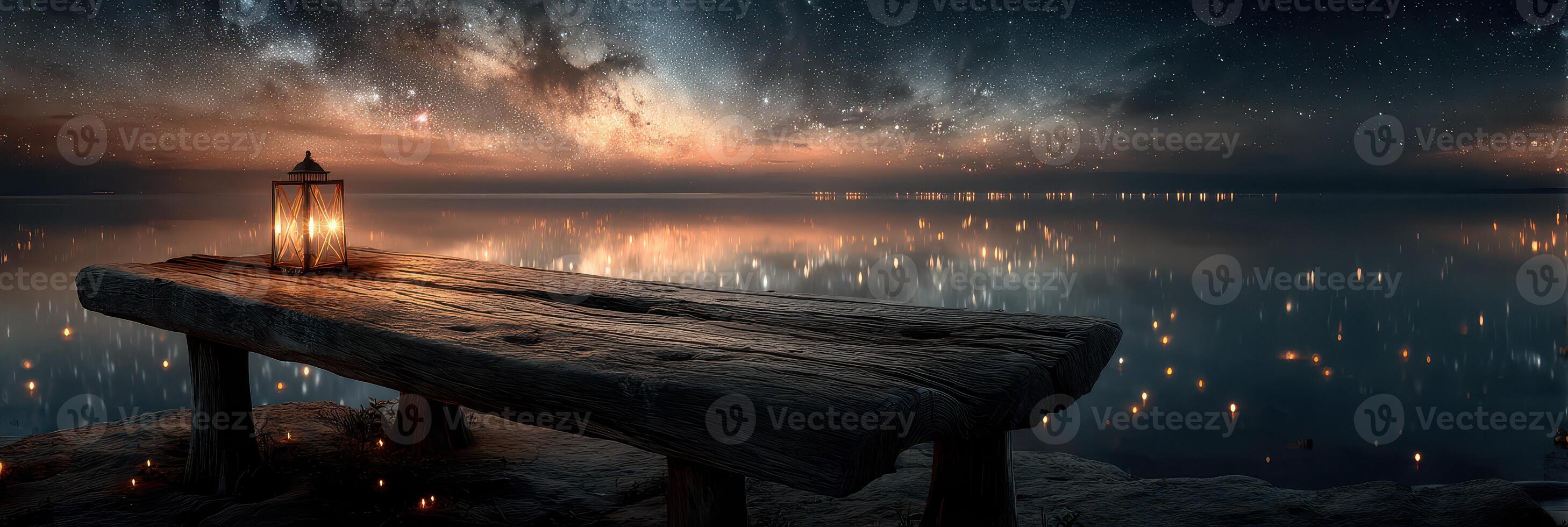 Serene wooden bench under a starry sky with a glowing lantern by the calm lake photo