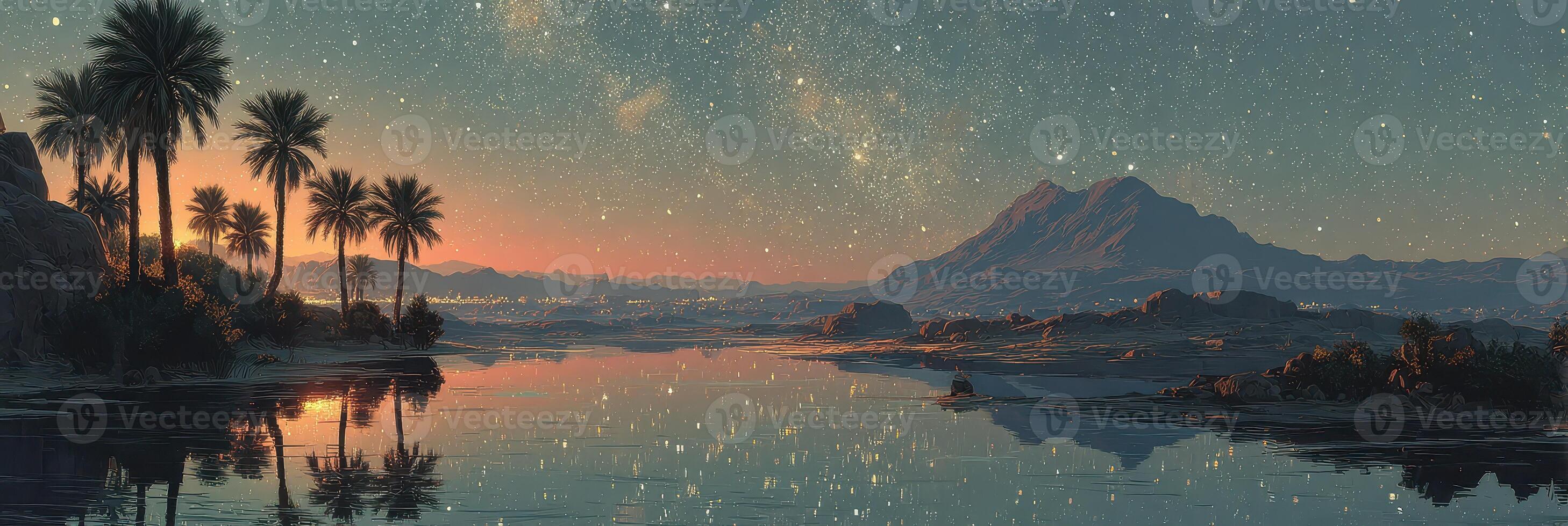 Serene dusk with palm trees and mountain reflection over tranquil water under a starlit sky photo