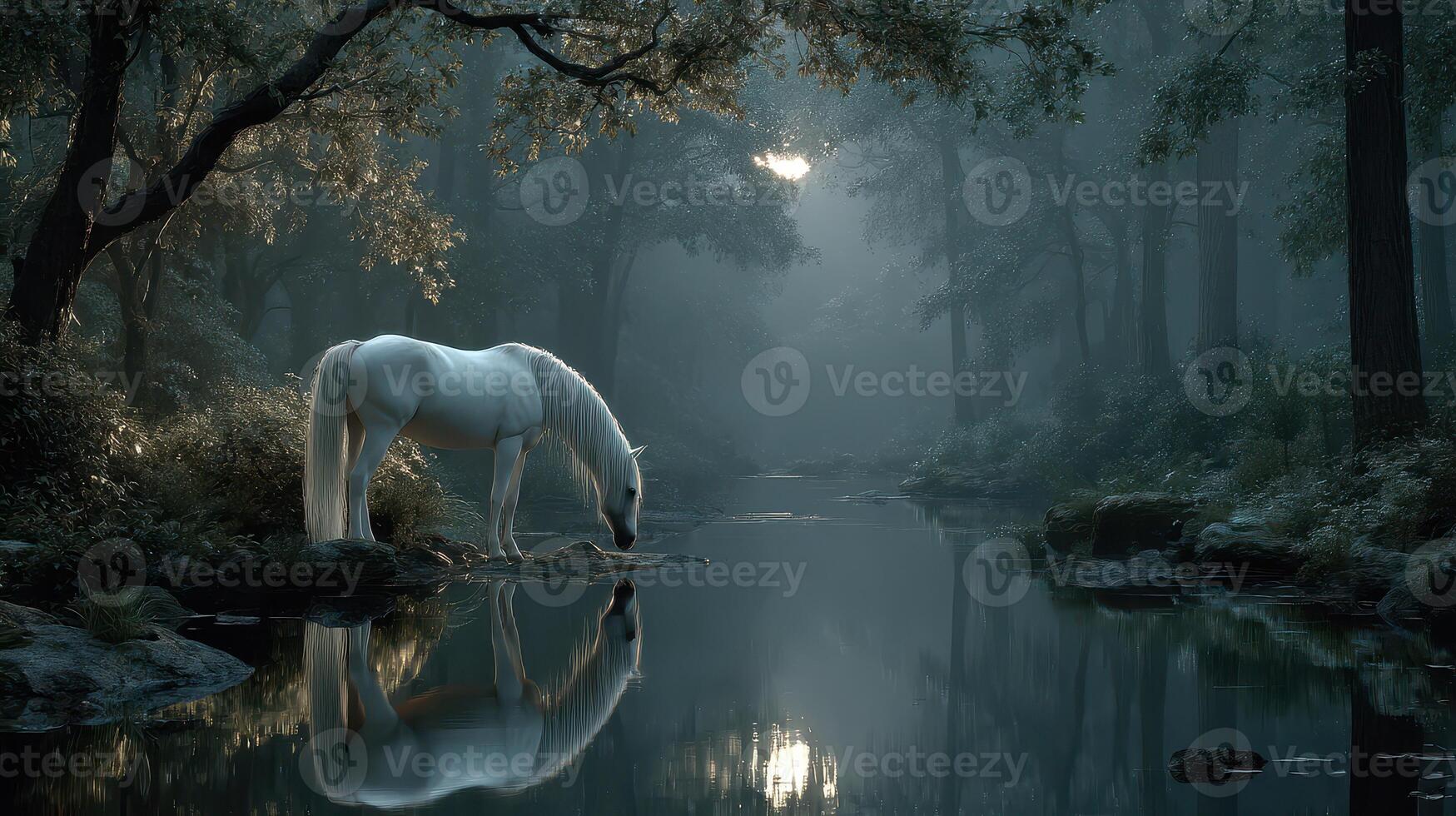 Majestic white horse drinking from a tranquil stream in a forest at dawn under soft morning light photo