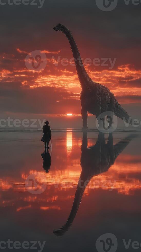 Dinosaur encounters cowboy at sunset near shimmering water landscape photo