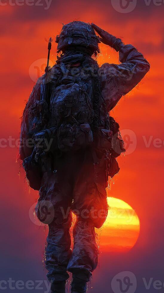 Soldier salutes at sunset with vibrant orange sky illuminating the scene in a moment of reflection and honor photo