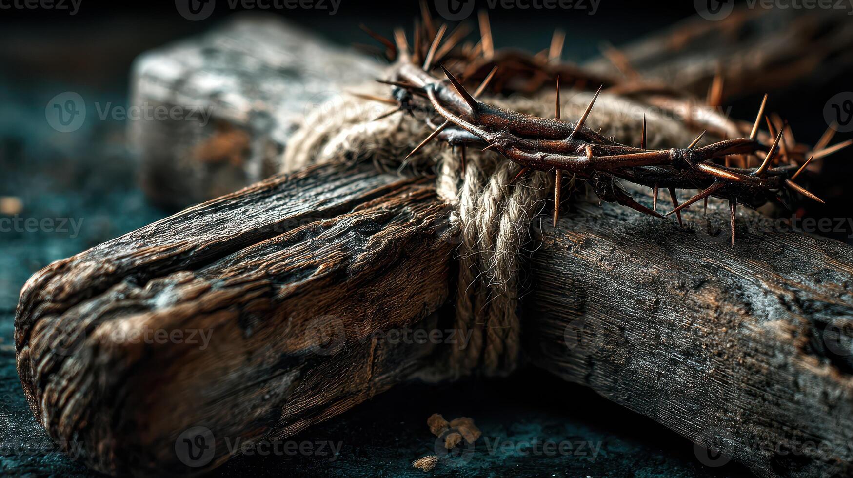 Representation of suffering and sacrifice through a wooden cross and a crown of thorns in a dark setting photo