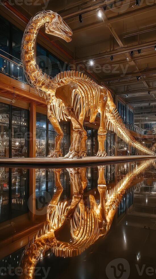 Dinosaur skeleton exhibit in a museum showcasing paleontological history and fossil discoveries photo