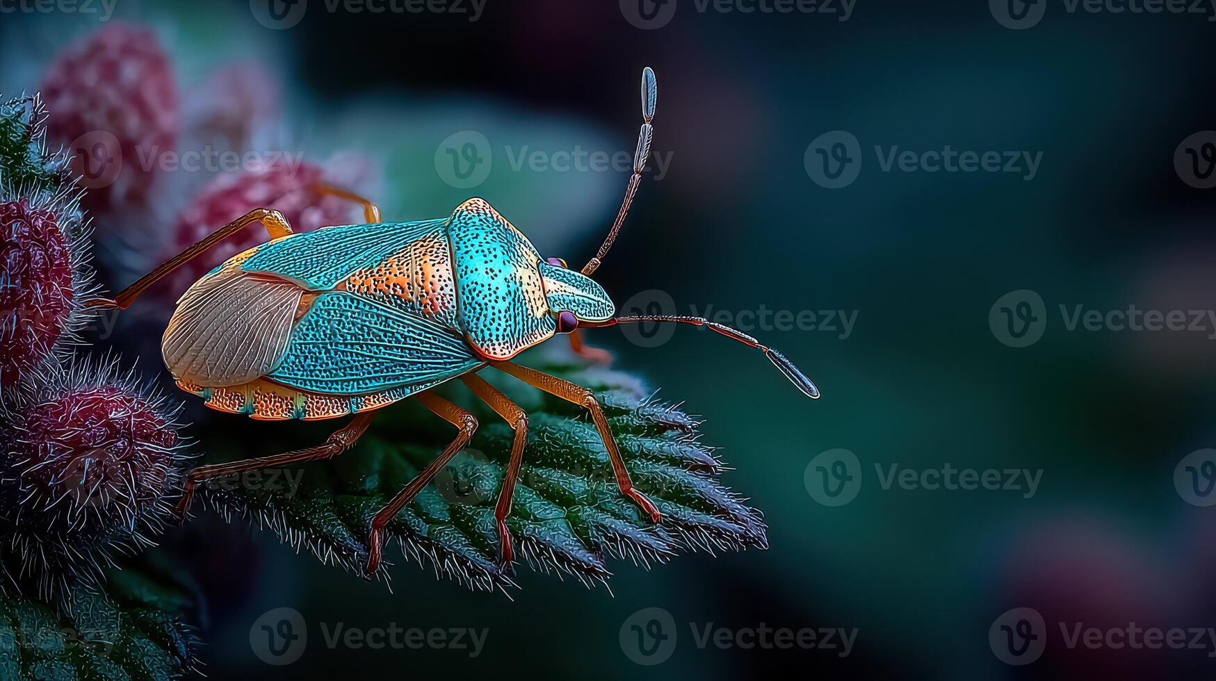 Insect resting on green leaf surrounded by vibrant flowers during twilight hours in a garden photo