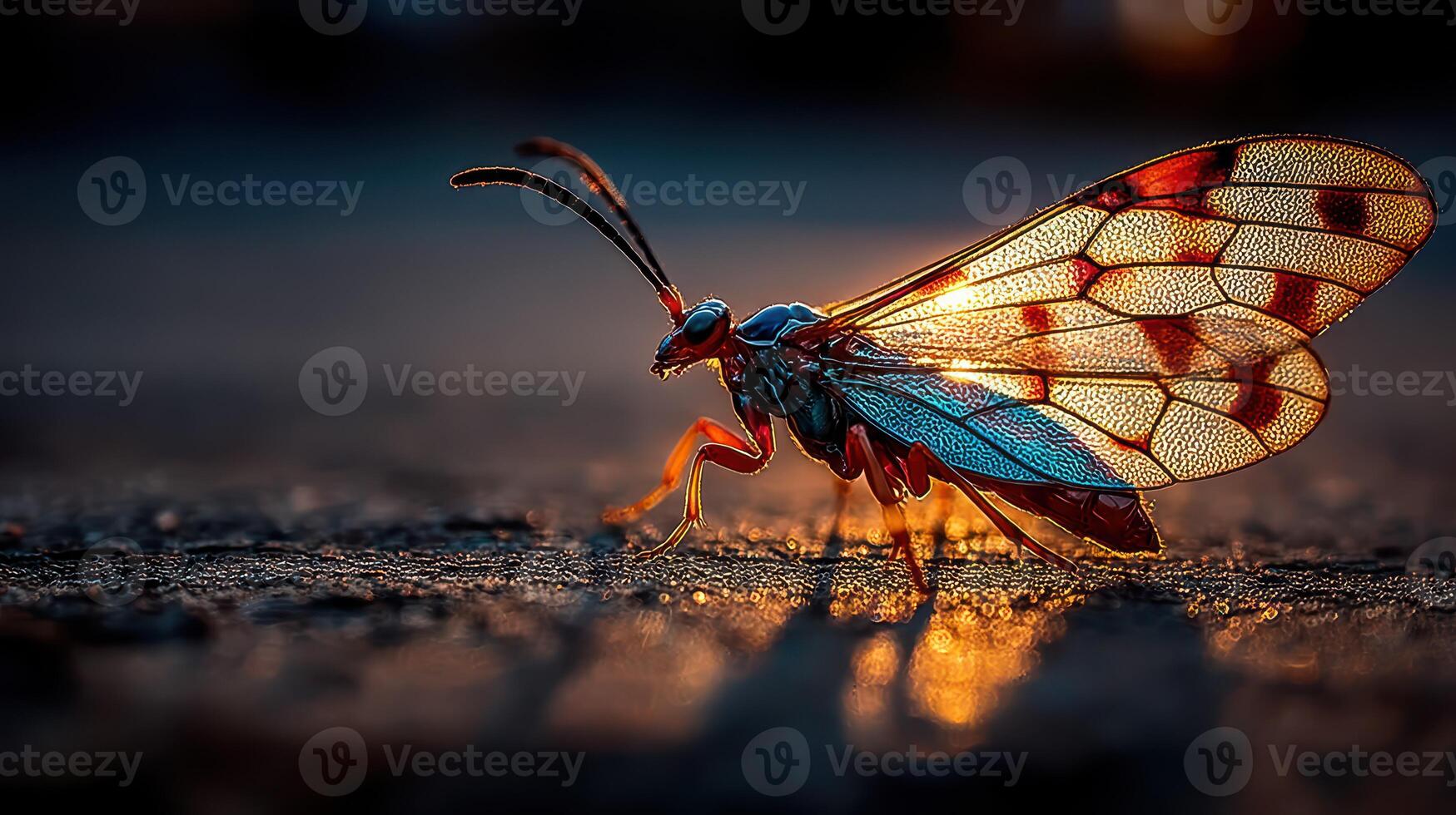 Colorful insect with intricate wings shines under sunset light on an outdoor surface photo