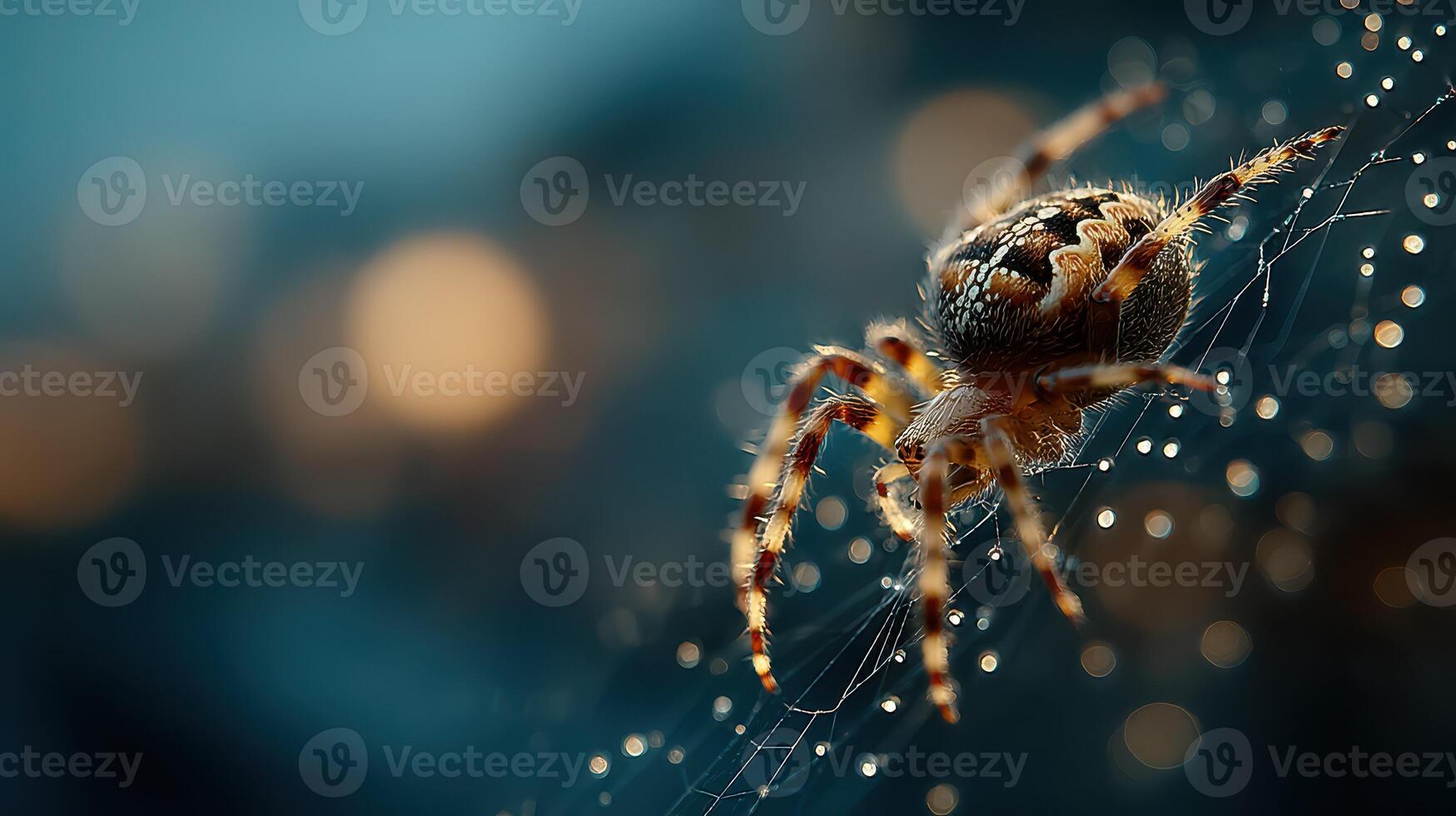 Spider weaving a delicate web at dusk with shimmering droplets glistening in the fading light photo