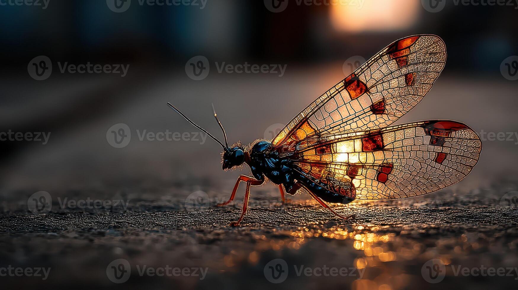 Beautiful close-up of a colorful insect with intricate wings during sunset in an urban setting photo