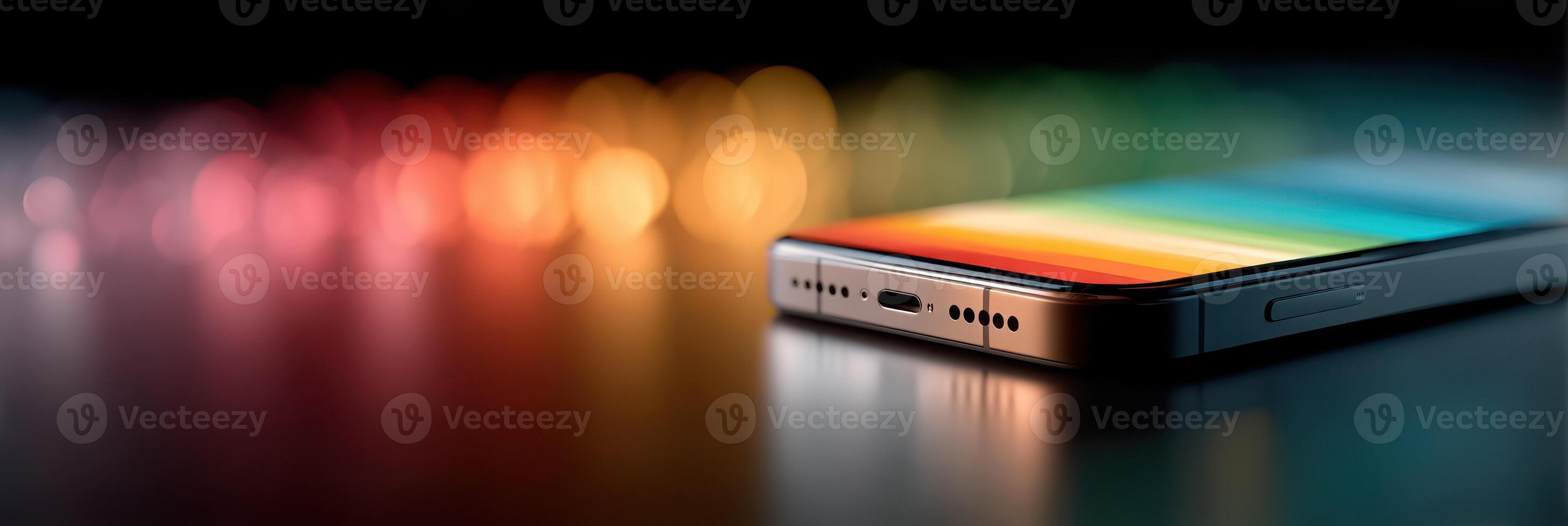 Close-up view of a modern smartphone showcasing vibrant colors and sleek design in a dimly lit environment photo