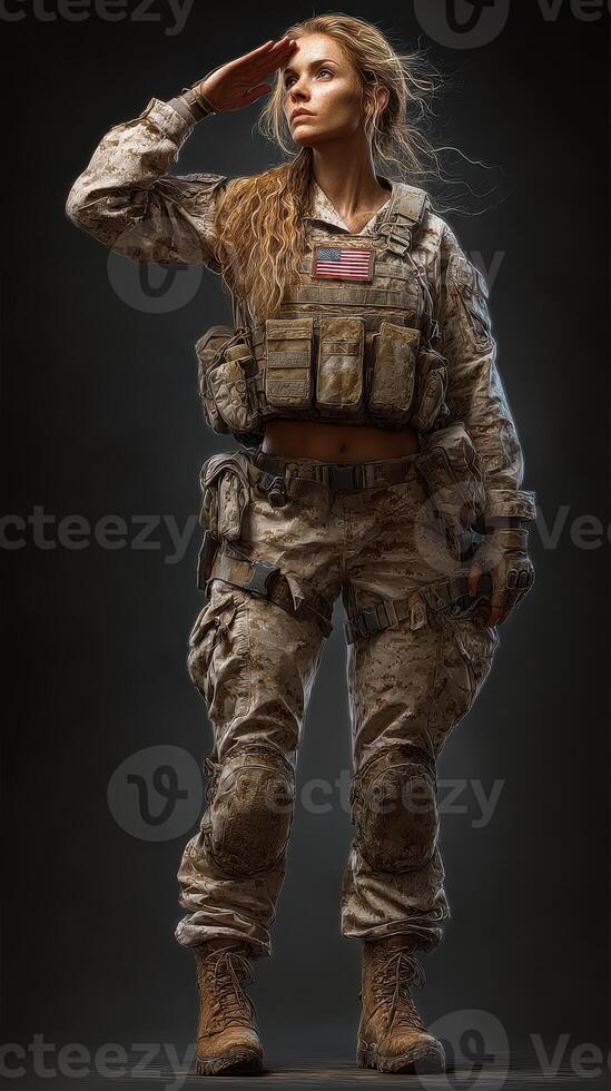 Soldier saluting with pride in military uniform showcasing strength and dedication in a studio setting photo