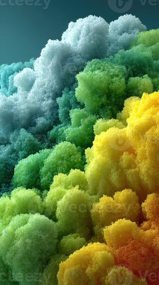Vividly colored abstract landscape with vibrant green, yellow, and white textures resembling fluffy clouds or waves photo